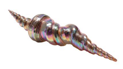Iridescent spiral futuristic metallic sculpture with shimmering holographic colors abstract design element transparent background