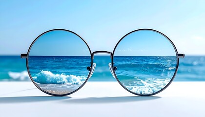 summer beach scenery reflected in sunglasses lenses