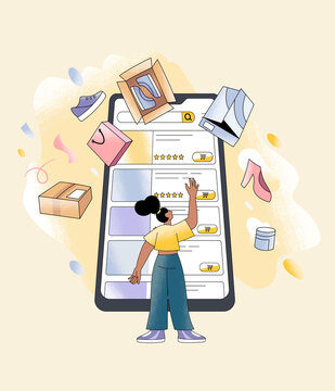 online shopping app illustration with woman browsing products