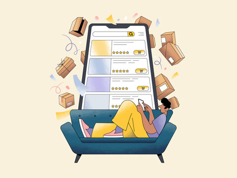 Man shopping online on phone while relaxing on sofa with parcels