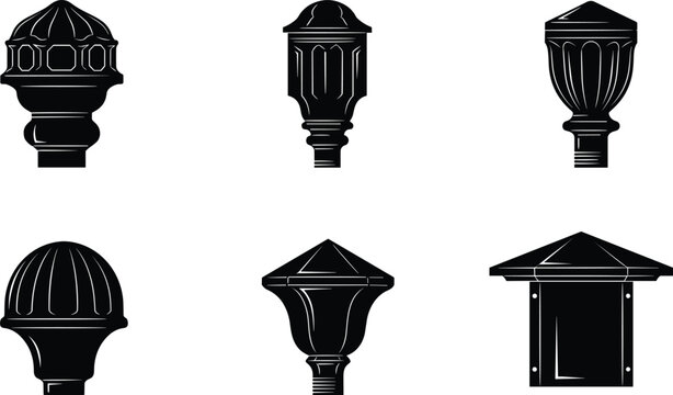 Decorative fence post caps silhouettes, outdoor architectural finials, black vector icons, garden railing elements, isolated minimalist design, set, collection, illustration