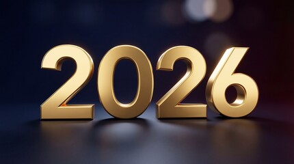 Three dimensional golden metallic rendering of the year 2026 standing prominently against a dark moody background suggesting upcoming celebration or calendar milestone