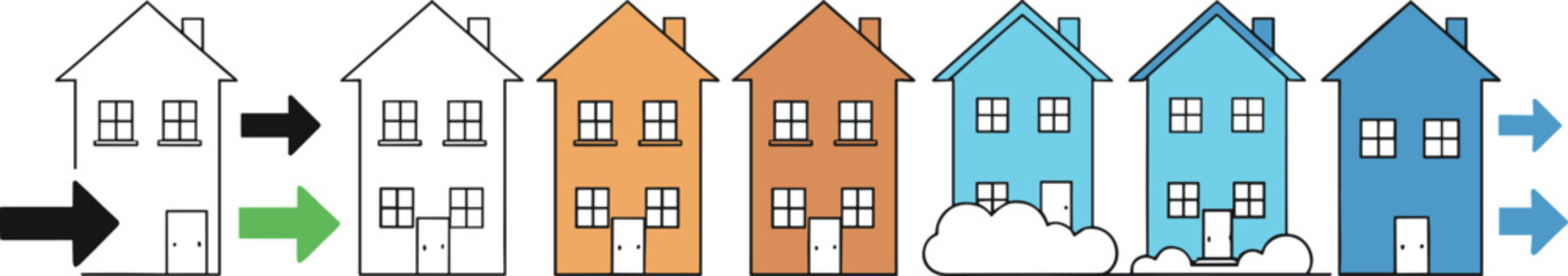 Residential housing development process icons set illustrating home construction stages, property transformation, real estate growth, renovation progress, and urban neighborhood expansion concepts