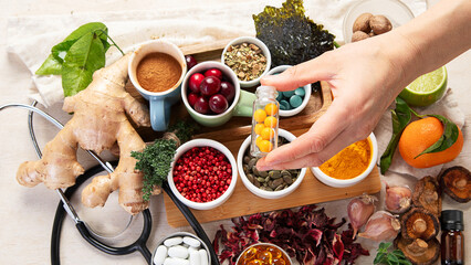 Assortment of herbal and tablets, vitamins and dietary supplements. Healthy life