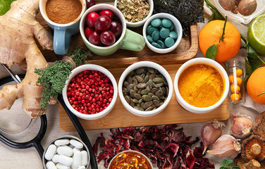 Assortment of herbal and tablets, vitamins and dietary supplements. Healthy life