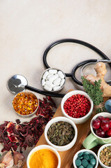 Assortment of herbal and tablets, vitamins and dietary supplements. Healthy life
