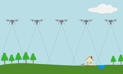 Drone mapping with side lapping flight paths for GIS surveying, aerial mapping, and land survey technology. Vector Illustration.