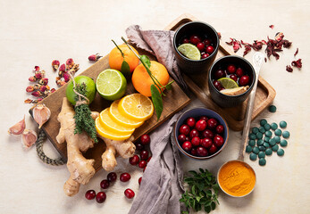 Pharmacy medicine. Natural immune boost remedies, lemon, garlic.