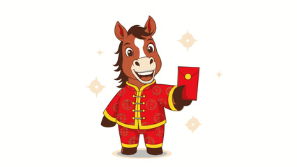 Cartoon Horse in Chinese Traditional Clothes Holding Red Envelope