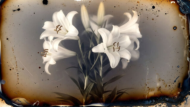 Vintage. Floral. Art. A beautiful bouquet of white lilies captured with the wet plate collodion photographic process, creating a timeless, artistic, and nostalgic tintype or ambrotype image.