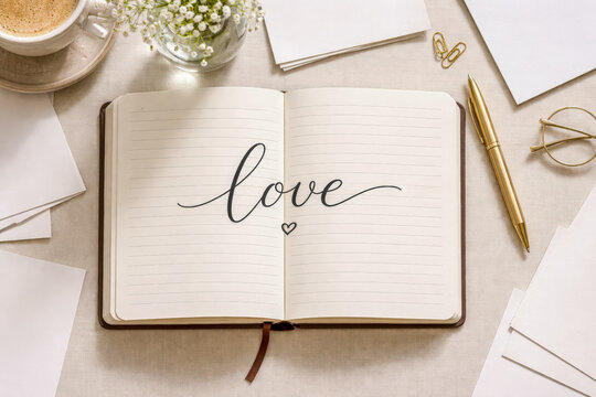 horizontal open notebook with handwritten word love surrounded by minimal desk elements in soft neutral tones, clean romantic flat lay with calm creative mood, perfect for valentines day messages