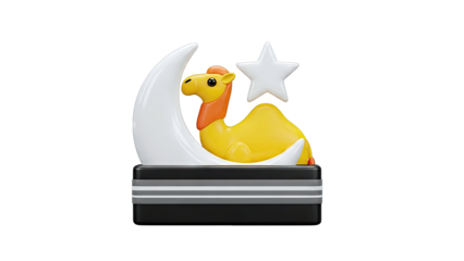 3D Render of a Cartoon Camel with Crescent Moon and Star