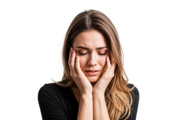 Young woman crying with a sad expression, eyes closed, touching her face with both hands, Isolated on transparent background