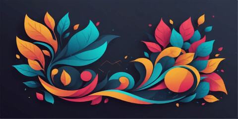 Vector illustration of an abstract floral background featuring a colorful nature pattern with an ornamental flower design, swirl elements, and silhouettes of a bird and butterfly in a painting style