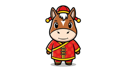 Cute cartoon horse wearing traditional Chinese New Year outfit