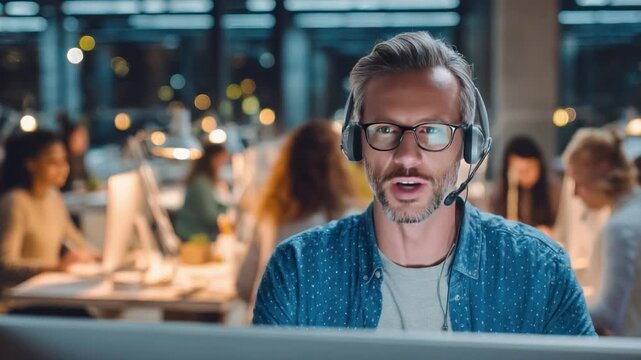 Tech Support Professional: A focused support professional, headset in place, deeply engaged in providing expert assistance at his work desk, surrounded by a team of colleagues.