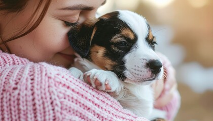 Woman Cradling a Puppy on Adoption Day. Pets + Human Bonding. A woman cradling a small puppy close to her chest her eyes closed in a moment of pure emotional joy suggesting adoption day.

