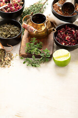 Herbal tea with medicinal herbs and flowers.