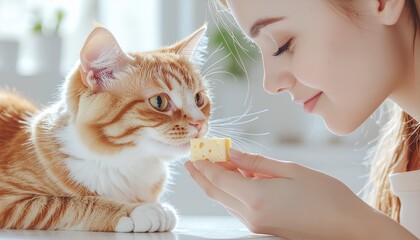 Woman Giving a Cat a Pill Wrapped in Cheese. Pets + Human Bonding. Close-up photograph of a woman's hands gently administering a medication hidden within a small piece of food to a calm cat.
