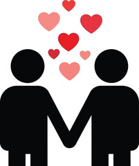 A simple illustration depicting two figures holding hands surrounded by hearts
