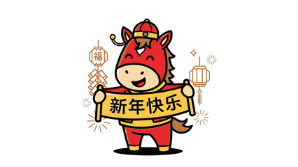 Naklejka premium Happy Chinese New Year Cartoon Horse Holding Banner, Festive Lanterns and Firecrackers
