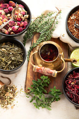 Herbal tea with medicinal herbs and flowers.