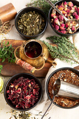 Herbal tea with medicinal herbs and flowers.