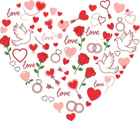 A heart shaped collage of love symbols doves roses and rings