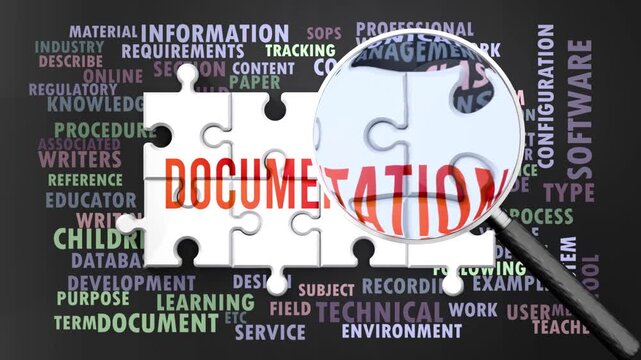 Documentation under magnifying glass, being researched, studied and examined. Most important subjects and ideas closely related to documentation written around a puzzle.Can be looped.