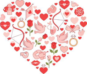 A colorful heart shape filled with romantic symbols and valentine s day elements