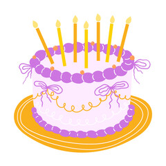 Cute cake with bows and candles. Birthday Day Cake. Anniversary Celebration. Doodle dessert vector Illustrations