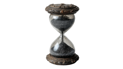 Vintage hourglass measuring passing time with black sand flowing, symbolizing deadlines, duration, and opportunity on transparent background