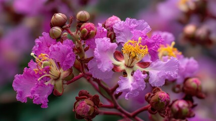 Beautiful pink crape myrtle blossoms on the branches.