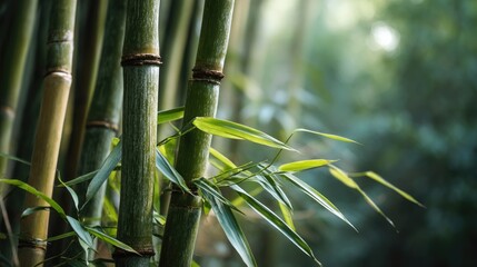 Green bamboo stalks and leaves in soft natural light.
