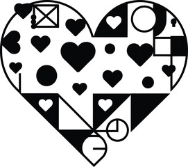 A black and white heart shape filled with a variety of geometric patterns