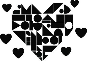 Geometric heart design with scattered smaller hearts in black and white