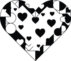 A black and white heart shape filled with geometric patterns and smaller hearts