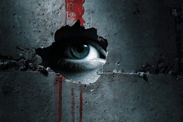 Close-up of a piercing eye visible through a cracked concrete wall, with dark textures and red streaks, evoking a sense of mystery and intrigue in a dramatic atmosphere