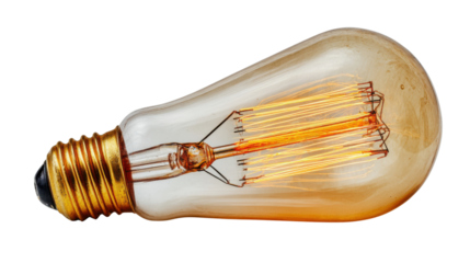 Vintage glowing edison light bulb illuminating with warm light, representing inspiration and innovation, on transparent background