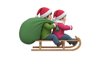 Children in Santa Hats on Sled with Gifts