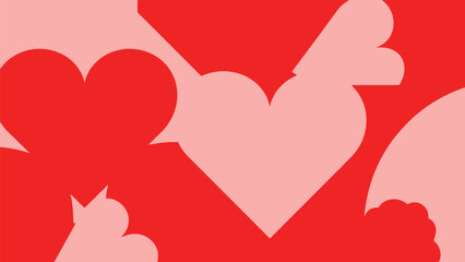 Abstract arrangement of overlapping pink and red heart shapes against a red background