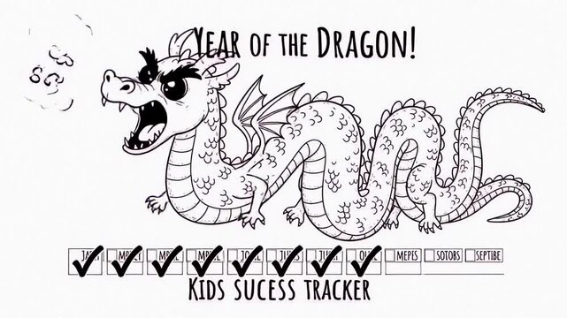 Playful illustrated dragon cartoon with celebratory banner and check marks.