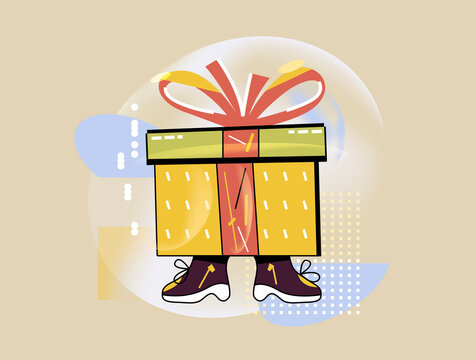 Walking gift box icon with sneakers 