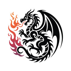 Obraz premium Fierce Dragon Silhouette Illustration Black Vector Design with Flames: A Powerful and Mythical Creature in Detailed Vector Art for Graphic Projects