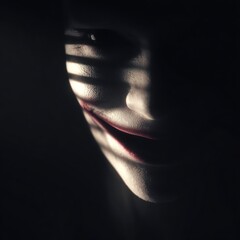 Mysterious woman with a subtle smile, illuminated by dramatic shadows, creates an intriguing atmosphere, showcasing the interplay of light and darkness in a captivating portrait