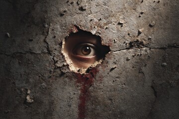 Eye peering through a cracked wall, revealing a sense of mystery and intrigue, with dark textures and shadows enhancing the dramatic atmosphere of the scene