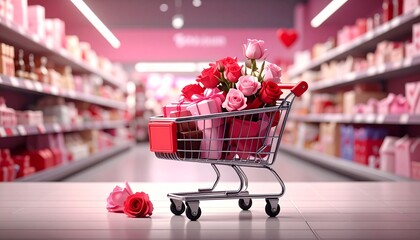 Shopping cart filled with romantic gifts and roses in a supermarket aisle for a valentine's day