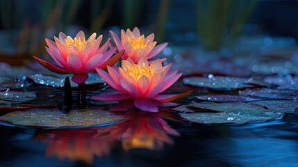 Pink lotus blossoms on the water's surface.