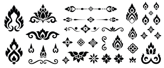 Thai decoration elements design collection featuring traditional patterns, lotus ornaments, floral symbols, elegant borders, corner motifs, and cultural decorative assets © welcome  saiful  