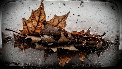 Autumn. Frozen. Concept. Dry autumn leaves frozen in a block of ice, a dramatic concept of seasons changing, time standing still, memory, and the transition from fall to winter.